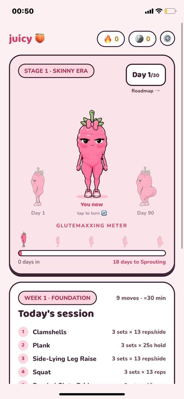 JUICY home screen with the Glutemaxxing Meter